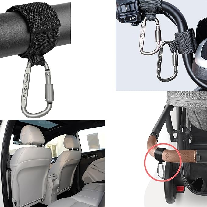 2 Pcs Baby Stroller Hook with Locking Mechanism, Carry 30 lbs per Stroller Carabiner Clip, Adjustable Baby Stroller & Car Seat Hook for Hanging Diaper Bag, Golf, Shopping and Pet Cart