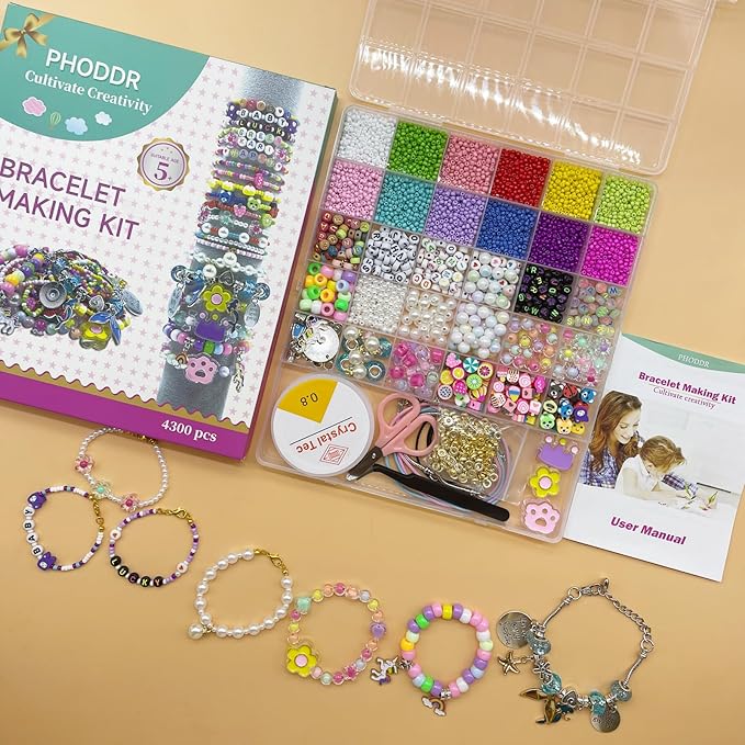 PHODDR 4300pcs Beads Bracelet Making Kit ，Beads for Jewelry Making Kit Supplies, Friendship Bracelet kit， Birthday Christmas Gifts for Girls Ages 5 6 7 8 9 10 11 12 Years Old