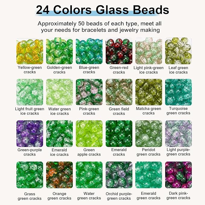 XSEINO About 1200pcs 6mm Cracked Glass Beads Bracelet Making Kit,24 Style Crack Mystic Green Series Colorful Crystal Beads for Jewelry Bracelet Making,DIY Crafts,Friendship Bracelets