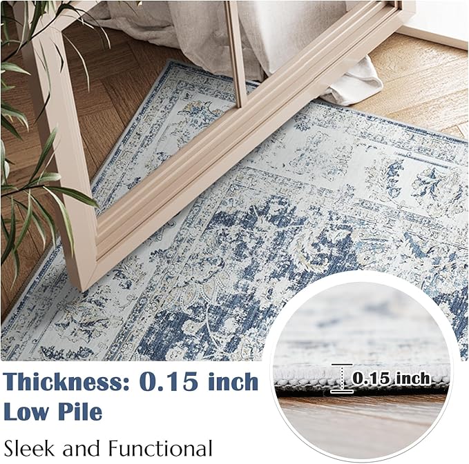 jinchan Runner Rug 2x7 Machine Washable Hallway Rug Dark Blue Vintage Floral Print Non-Slip Low Pile Ultra-Thin for Kitchen,Entryway,Laundry Room,Bedroom,Farmhouse (2‘x7’,Dark Blue)