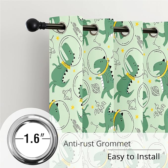 Kids Space Dino Blackout Curtains - 100% Blackout, Thermal Insulated, Noise Reducing, Perfect for Kids Room and Nursery, 2 Panels (Cosmo Dino Green, W52×L63)