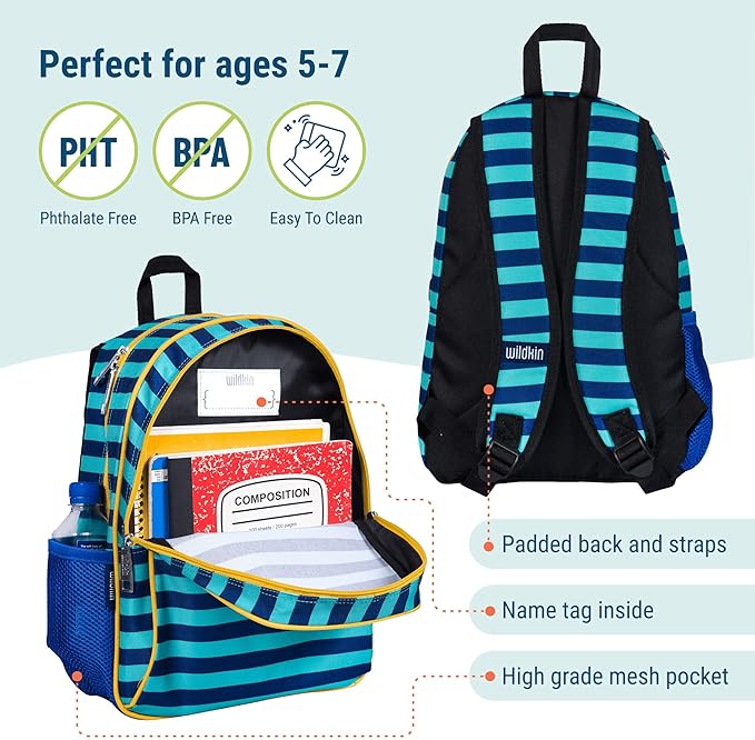 Wildkin 15-inch Kids Backpack – Durable, Padded, Adjustable for School & Travel - Blue Stripes
