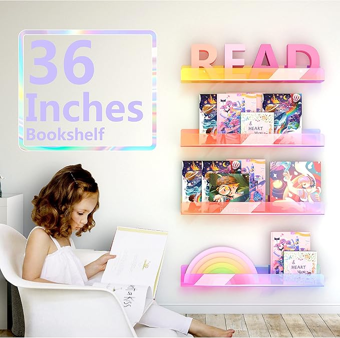 36 inches Iridescent Acrylic Floating Shelf,Wall Mounted Kids Bookshelf, Display Book Shelves for Kids Nursery Toddler Classroom 2 Packs