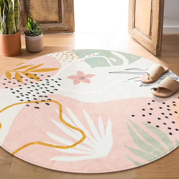 Lahome Pink 6' Round Area Rug, Non-Slip Soft Ultra-Thin Washable Floral Boho Rugs for Living Room, Dining Room, Bedroom, Entryway, Office Dorm, Lightweight