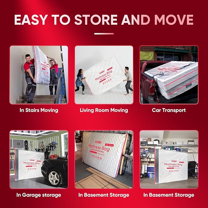 ZCHENBS® – Mattress Bags for Moving and Storage,Mattress Bag with Zippers,5 Mil Ultra-Thick Bed Bag,Waterproof,Anti-Tear,Heavy-Duty Mattress bag (Transaparent/Red, King/California King-(1 Pack）)