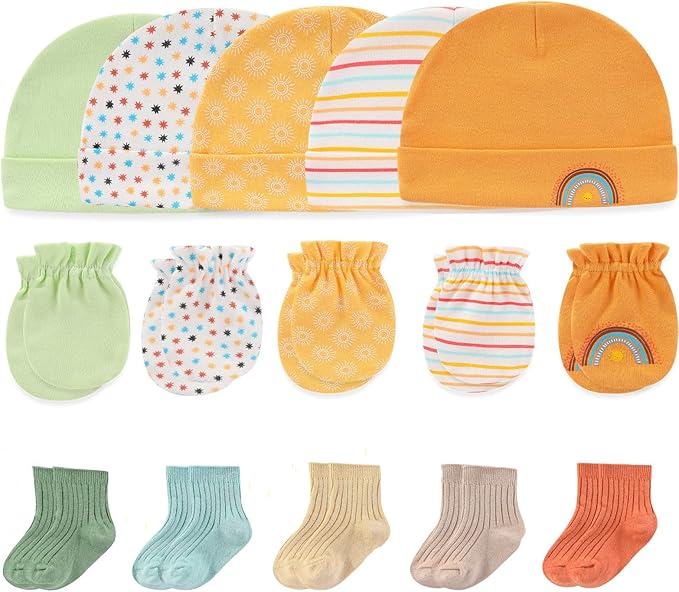 Newborn Baby Boy Girl Caps Mittens Socks Set Cotton Baby Essentials Accessories (Hats+Gloves+Socks)