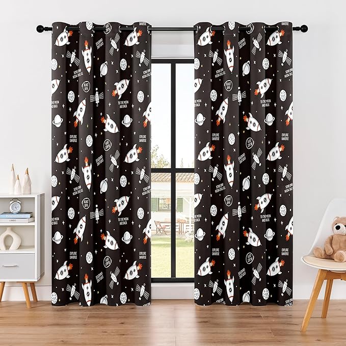 Kids Space Rocket Blackout Curtains - 100% Blackout, Thermal Insulated, Noise Reducing, Perfect for Kids Room and Nursery, 2 Panels (Blast-Off Moon Mission, W52×L84)
