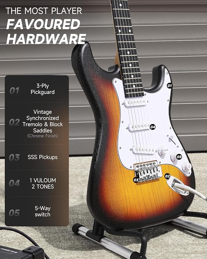 DONNER DST-80 Electric Guitar 39” Beginner Electric Guitar Kit with Amp, Classic SSS Pickup Complete with Gig Bag, Tuner, Capo, Strap, Picks, and Free Online Lessons