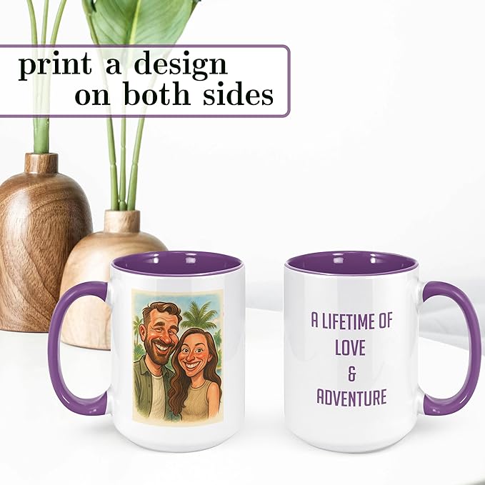 Personalized Coffee Mug, Custom Photo Caricature Gift, Funny Customized Coffee Gift for Men & Women, Custom Mugs with Pictures, Purple 15oz Customized Ceramic Tea Cup