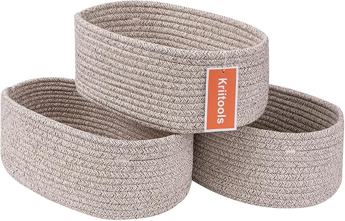 Cute Shelf Basket to Store and Organize Household Items/Baskets&Bins for Daily Storage &Organizing/Woven Rope Basket for Living Room, Playroom/Small Oval-13x8.66x5.11’’,3 Packs Light Brown