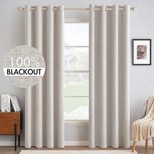 MIULEE 100% Blackout Linen Textured Curtains for Bedroom Solid Thermal Insulated Ivory Grommet Room Darkening Curtains & Drapes Luxury Decor for Living Room Nursery 52 x 90 Inch (2 Panels)
