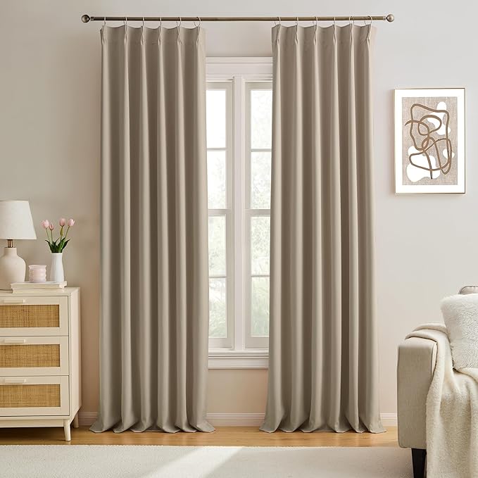 KEQIAOSUOCAI Pinch Pleated Curtains 126 Inch Long 10.5 FT Tall Curtains for Living Room Bedroom Thermal Memory Trained Pleated Viral Window Drapes with Hooks(Khaki,40W x 126L x 2 Panels)