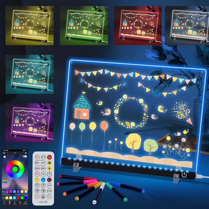 Doodle Glow, LED Note Board with Colors, 14.1"x10.9" Arvana Acrylic Dry Erase Board, 16M-Color LED Light-Up Memo Board w/Music Sync, APP & Remote, Stand & 7 Markers, Neon Glow Display (Black)