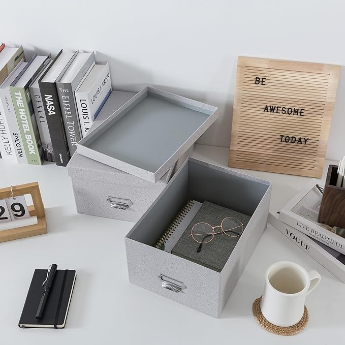 Soul & Lane Decorative Cardboard Storage Boxes with Lids, Set of 2 Stacking Keepsake Photo and Memory Boxes for Home & Office, Paperboard Organizers with Label Holders and Drawer Pulls, Cloud Gray