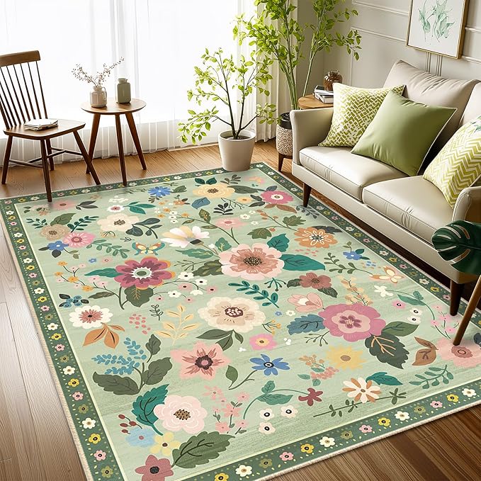 Floral 4x6 Area Rug Machine Washable Soft Print Boho Carpet Non Slip Doormat Low Pile Flower Area Rugs for Living Room Bedroom Nursery Kitchen Dining Room Indoor-Light Green
