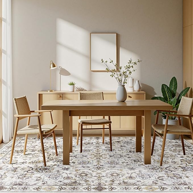 Floral 8x10 Area Rugs for Living Room, Washable Large Bedroom Rug, Soft Non Slip Carpet, Stain Resistant Low Pile Carpets for Indoor Under Table Dining Home Office Nursery, Beige