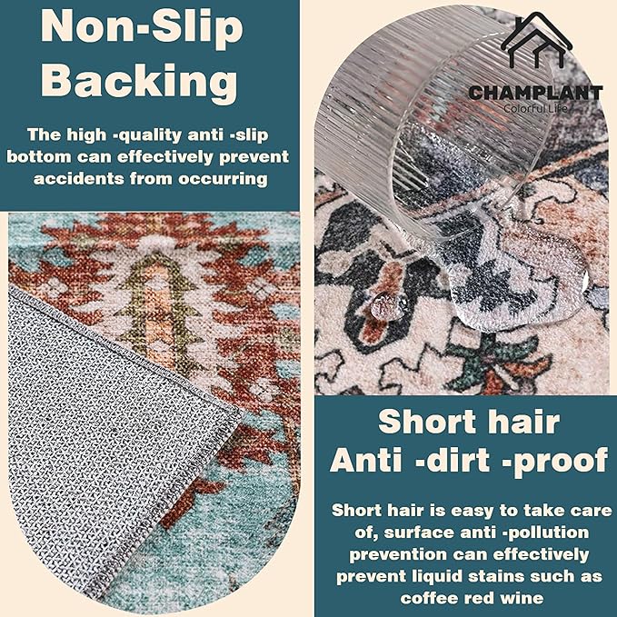 Washable Area Rug 10'x14' Cyan Khaki Retro Flowers Boho Design Non-Shedding Easy Care Ideal for High Traffic Areas in Living Room Bedroom Office Coffee Table Kitchen Large Carpet