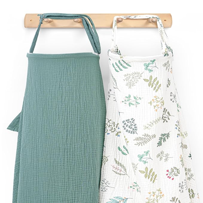 Muslin Nursing Cover for Breastfeeding, Privacy Breathable Breastfeeding Cover with Arch Neckline for Mom, 100% Cotton Nursing Apron, Floral and Green