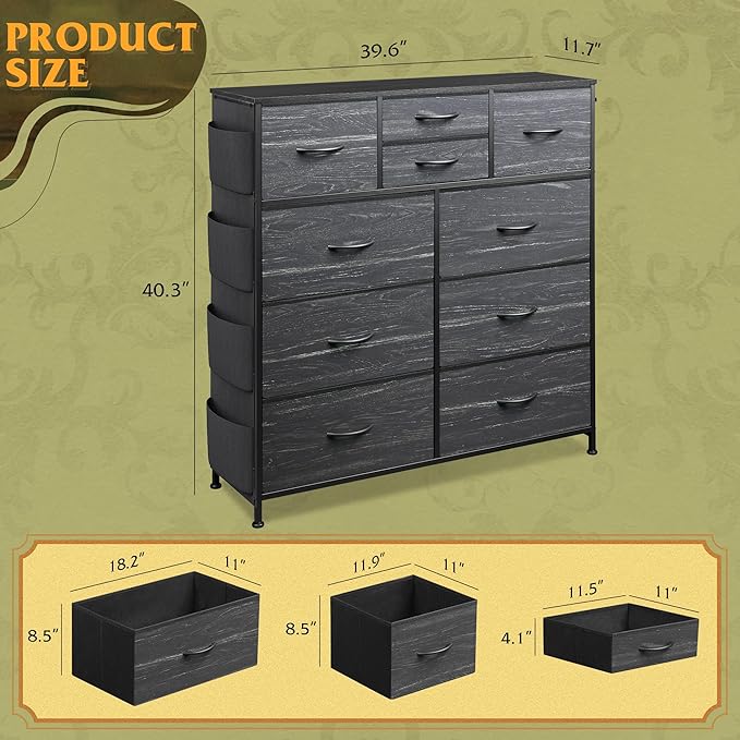 WLIVE Dresser for Bedroom with 10 Drawers, Fabric Dresser Chest of Drawers with Side Pockets and Hooks, Sturdy Metal Frame, Drawers Organizer Unit for Room, Hallway, Charcoal Black Wood Grain Print