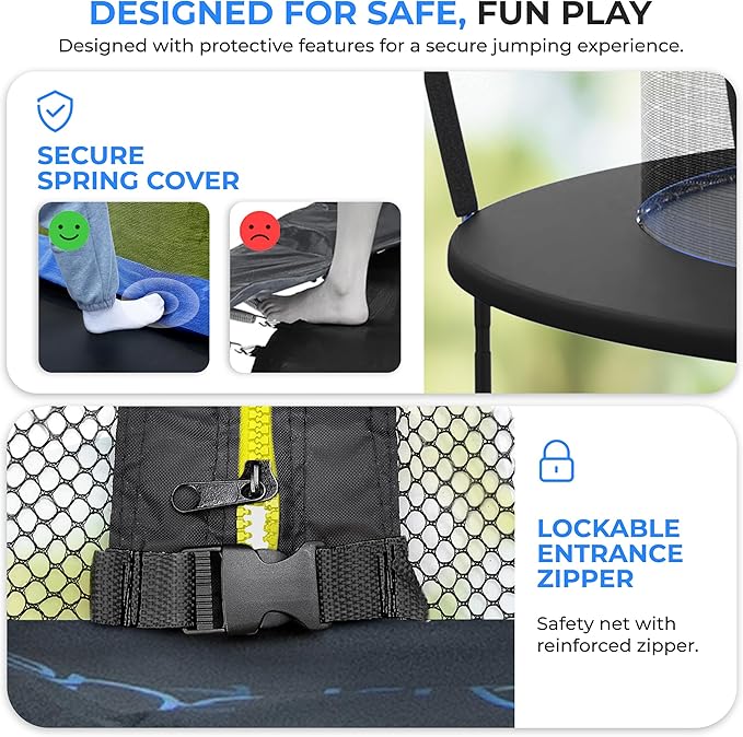SereneLife 8FT 10FT 12FT 14FT Outdoor Trampoline for Kids - Recreational Backyard Trampoline with Curved Safety Poles and Net Enclosure- ASTM Approval for Kids Adults