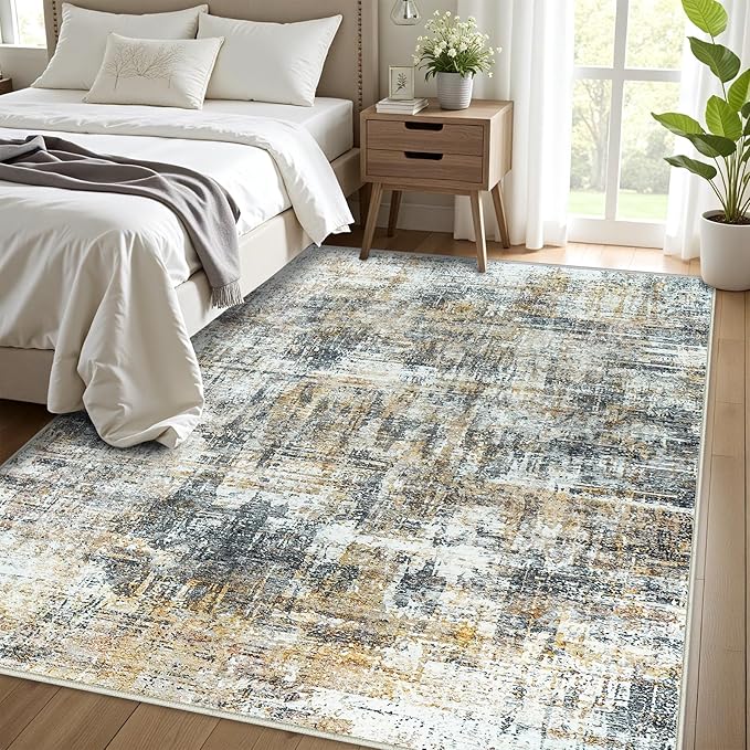 Washable Rug 6x9 Area Rugs: Abstract Washable Rugs with Non-Slip Backing, Stain Resistant Indoor Floor Carpet for Bedroom Dining Room Table Nursery Hallway Home Office Brown/Gray