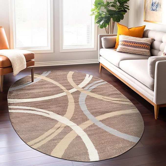 Rugshop Modern Wavy Circles Design Oval Area Rug 5' x 7' Brown