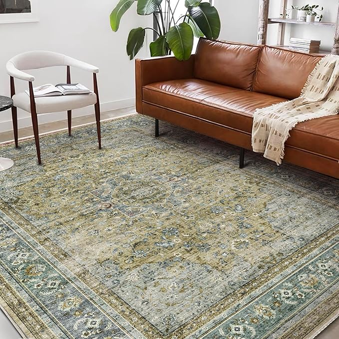 Washable Area Rug 10'x14' Boho Design Non-Shedding Easy Care Ideal for High Traffic Areas in Living Room Bedroom Office Coffee Table Kitchen Large Carpet