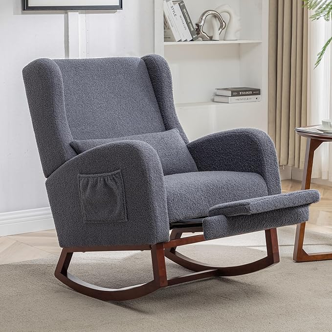 Rocking Chair Nursery,Teddy Nursery Rocking Chairs with Foot Rest, Sherpa Glider Rocker Nursing Chair with High Back for Nursing, Living Room, Bedroom, Dark Grey