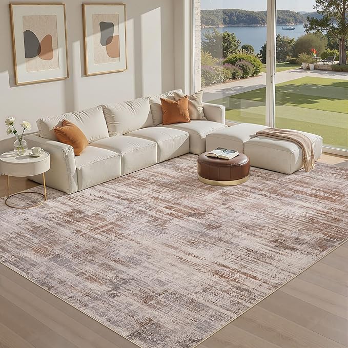 Area Rug for Living Room: 7x9 Washable Neutral Abstract Modern Soft Rugs Non Slip Indoor Floor Stain Resistant Large Carpet for Bedroom Dining Room Office Nursery - Red Brown