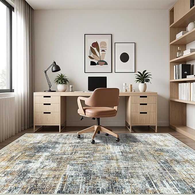 Washable Rug 6x9 Area Rugs: Abstract Washable Rugs with Non-Slip Backing, Stain Resistant Indoor Floor Carpet for Bedroom Dining Room Table Nursery Hallway Home Office Brown/Gray