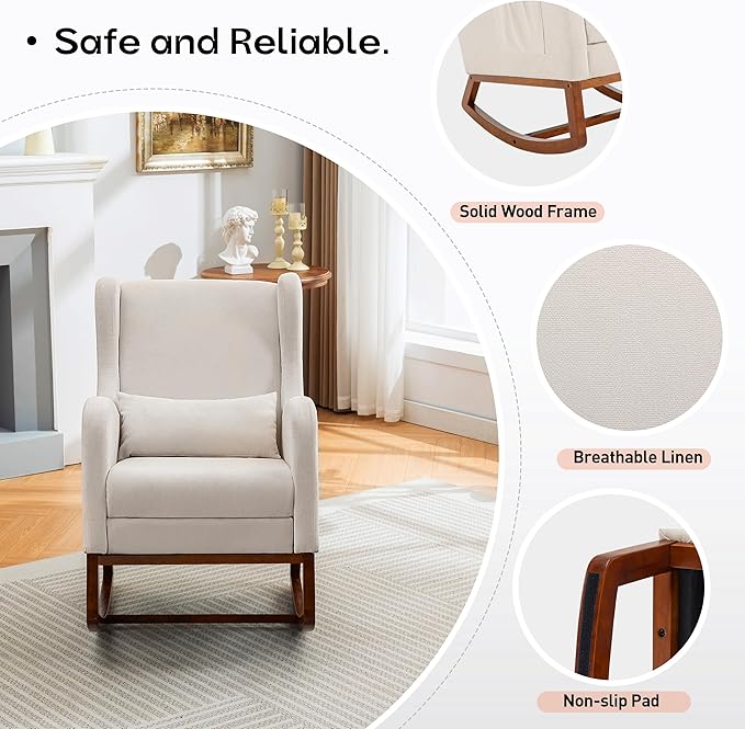 Rocking Chair Nursery Glider Chair with Foot Rest, Nursery Rocking Chairs with Rubber Wood Legs Side Pocket, High Back Nursing Chair, Accent Rocker Arm Chair Baby Bedroom, Living Room, Beige