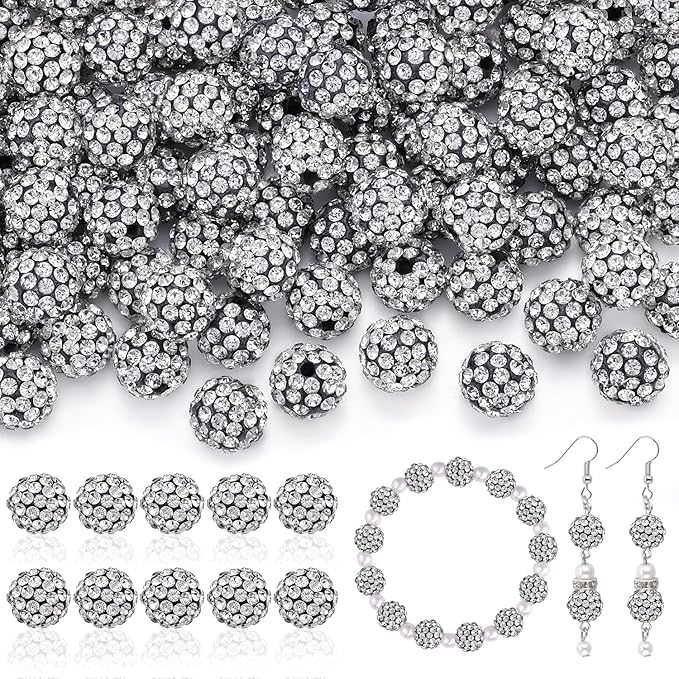 200pcs 10mm Rhinestone Beads for Jewelry Making, Black White Shiny Round Disco Ball Beads Bulk, Sparkle Crystal Clay Christmas for Bracelet Baseball Necklace Earring Crafting and DIY