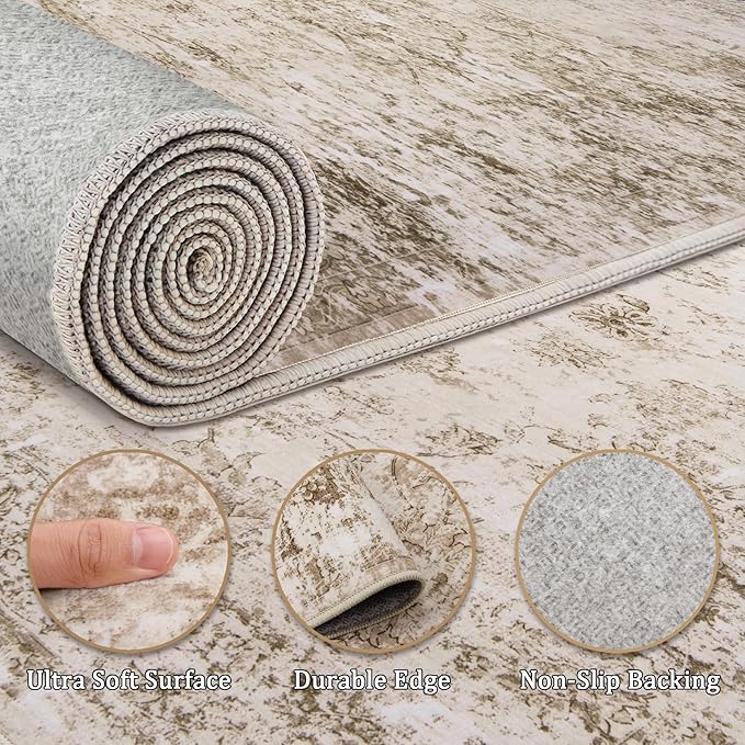 8x10 Area Rug Living Room Rugs - Washable Rug Large Modern Abstract Soft Thin Carpets Indoor Floor No Slip Vintage Carpet for Bedroom Under Dining Table Nursery Home Office Decor Beige