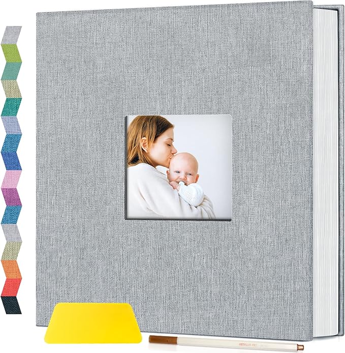 popotop Photo Album Self Adhesive with Picture Display Window,60 Pages DIY Scrapbooking Supplies Kit for 4x6 8x10 Picture,Linen Cover Memory Book for Baby Wedding, with Scraper and Metallic Pen