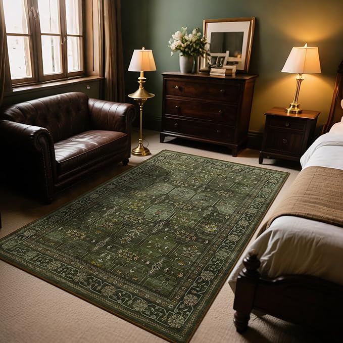 4x6 Area Rug for Bedroom Machine Washable, Non Slip Vintage Floral Kitchen Rugs for Dining Room, Low Pile Indoor Floor Print Carpet for Nursery Farmhouse Home Office Dark Green