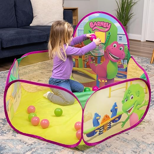 Barney Pop Up Playground, Ball Pit with 25 Play Balls and Basketball Hoop, Toddlers 2+