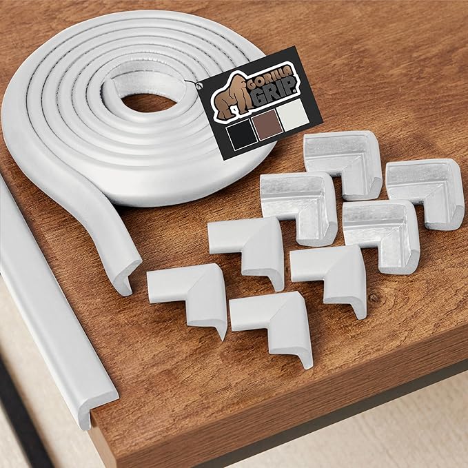 GORILLA GRIP Baby Proof Corners and Edges for Furniture, Kid Proofing Adhesive Table Corner Protectors, Heavy Duty Soft Rubber Foam Protection, Includes 8 Protective Safety Guards, 10 Feet, Off White