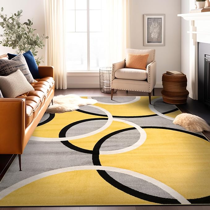 Rugshop Contemporary Abstract Circles Easy Maintenance for Home Office,Living Room,Bedroom,Kitchen Soft Area Rug 7'10" x 10'2" Yellow