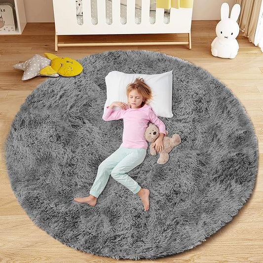 4FT Round Rug for Bedroom: Fluffy Shag Soft Washable Rugs Circle Small Fuzzy Plush Indoor Carpet for Living Room Nursery Playroom Dorm Kids Girls Boys Room (Dark Grey, 4'x4')