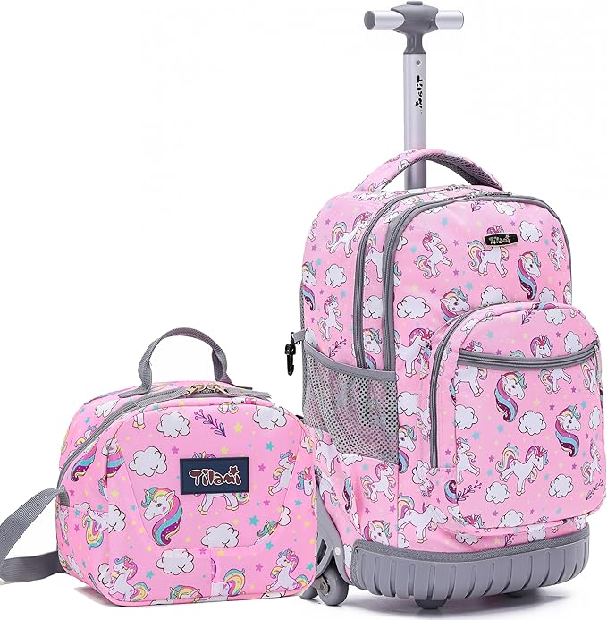 NEW TILAMI 18" Kids Rolling Backpack for School - Waterproof, Durable, Stair-Climbing, Variety of Colors Patterns for Girls & Boys, Cute Pink Unicorn