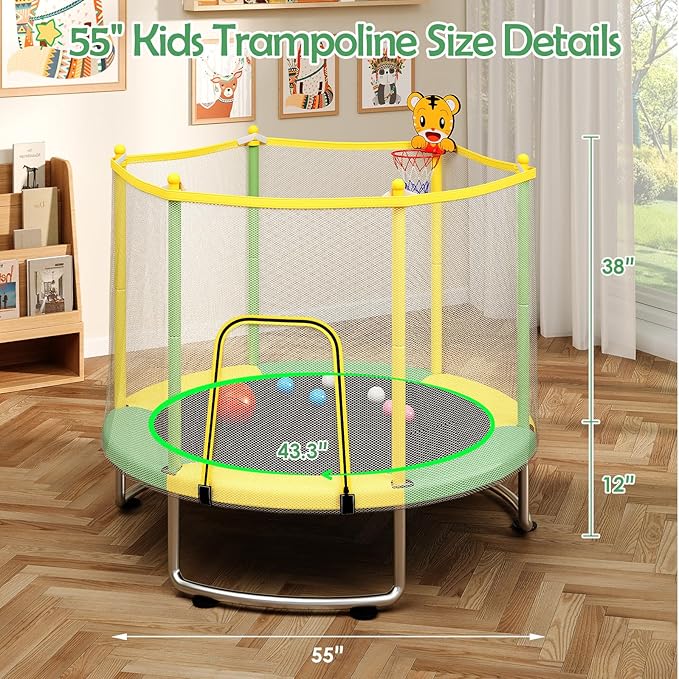 Kids Trampoline with Safety Net – 440lbs Capacity, Upgraded Rust-Proof Ring Legs, Adjustable Gymnastics Bar & Toys – Indoor Outdoor Toddler Trampoline for Boys & Girls Ages 1-8
