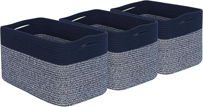 MINTWOOD Design 3-Pack Storage Baskets for Shelves, Playroom and Classroom, Book Basket, Decorative Storage Cube Bins, Woven Closet Organizers, Pantry and Shoe Organizer, Navy Blue