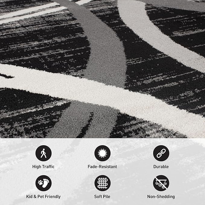 Rugshop Modern Wavy Circles Design Round Rug 6' 6" (6' 6" Diameter) Black