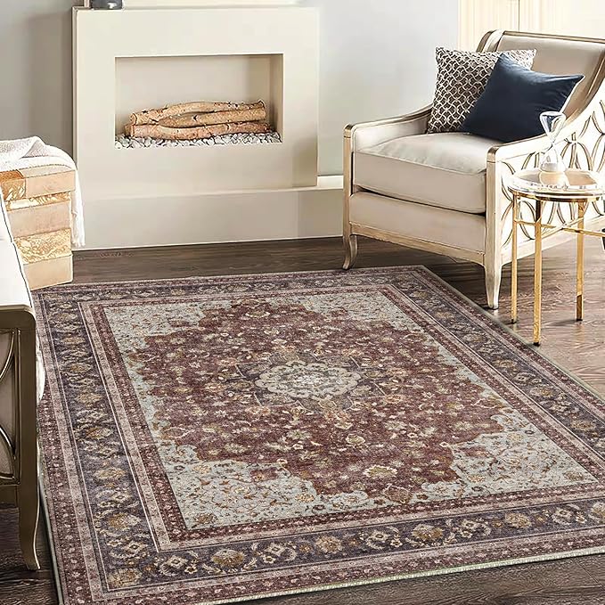 Area Rug 5'x7' Washable Rug Traditional Floor Cover Thin Retro Kitchen Indoor Distressed Non Slip Carpet for Living Room Bedroom Dining Room