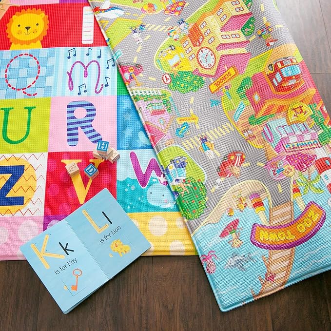 Baby Care Play Mat (Large, Playful - Zoo Town) 82'' x 55'' Original One-Piece Reversible Rollable Waterproof Play Mat for Infants, Babies, Toddler, and Kids