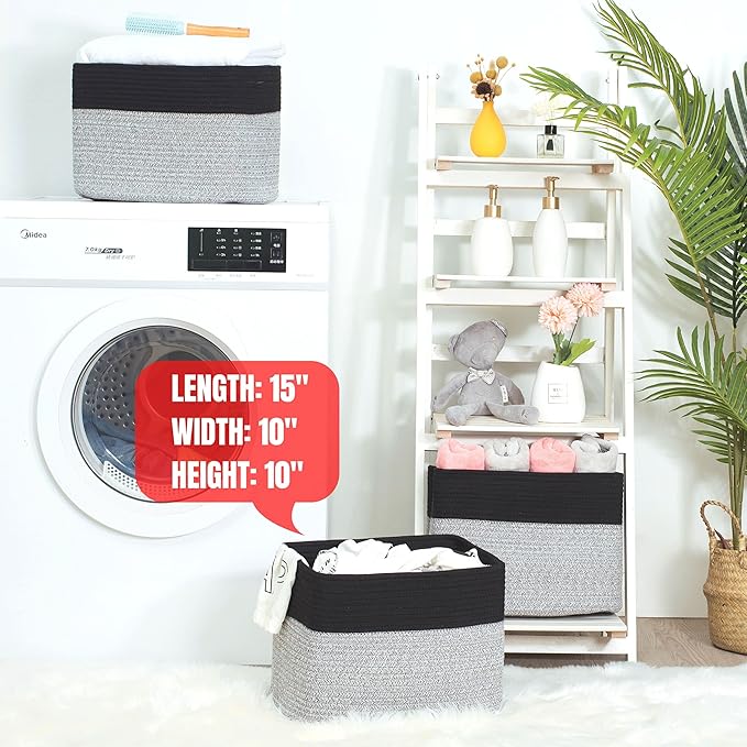 MINTWOOD Design 3-Pack Storage Baskets for Shelves, Playroom Classroom Storage Basket, Book Basket, Decorative Storage Cube Bins, Woven Closet Organizers, Pantry and Shoe Organizer, Black Light Grey