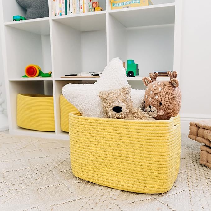 OrganiHaus Yellow Basket for Shelves, Decorative Cloth for Organizing, Cotton Rope Storage Basket for Toys, Small Woven Baskets for Storage