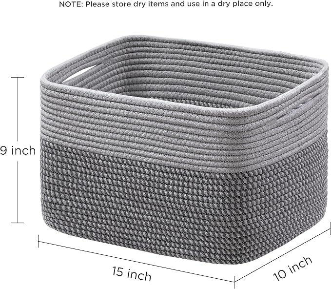 UBBCARE 4 Pack Baskets for Organizing, Woven Storage Baskets for Toys and Towel, Rectangle Cotton Rope Basket with Handles, 15''L x10''W x9''H, Mixed Grey