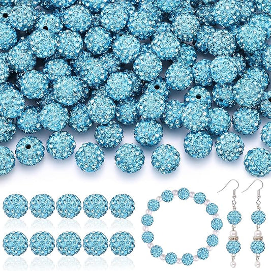 160pcs 10mm Rhinestone Beads for Jewelry Making, Aquamarine Shiny Round Disco Ball Beads Bulk, Sparkle Crystal Clay Christmas for Bracelet Baseball Necklace Earring Crafting and DIY