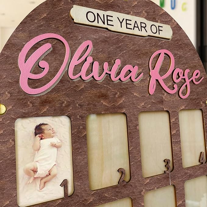 V-DECORPARKS Personalized My First Year Photo Frame | 12 Months Picture Frame For Baby First Year | Displays Twelve 2x3 Pictures | Birthday Party Decor Newborn Memory Keepsake, Style MP4